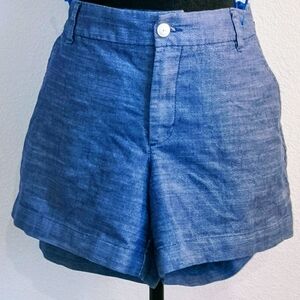 High-Waist Blue Linen Blend Shorts